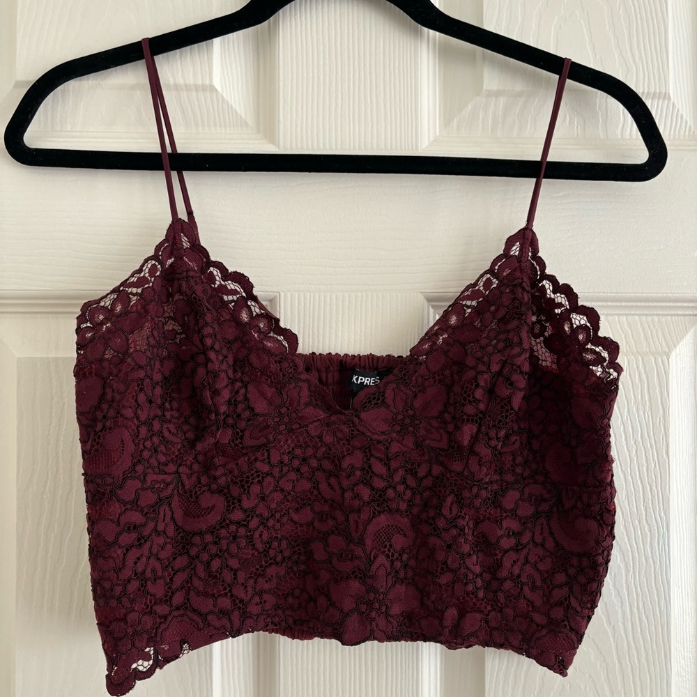 Express, spaghetti-strap lace crop top. Wine color or Eggplant, size Large.